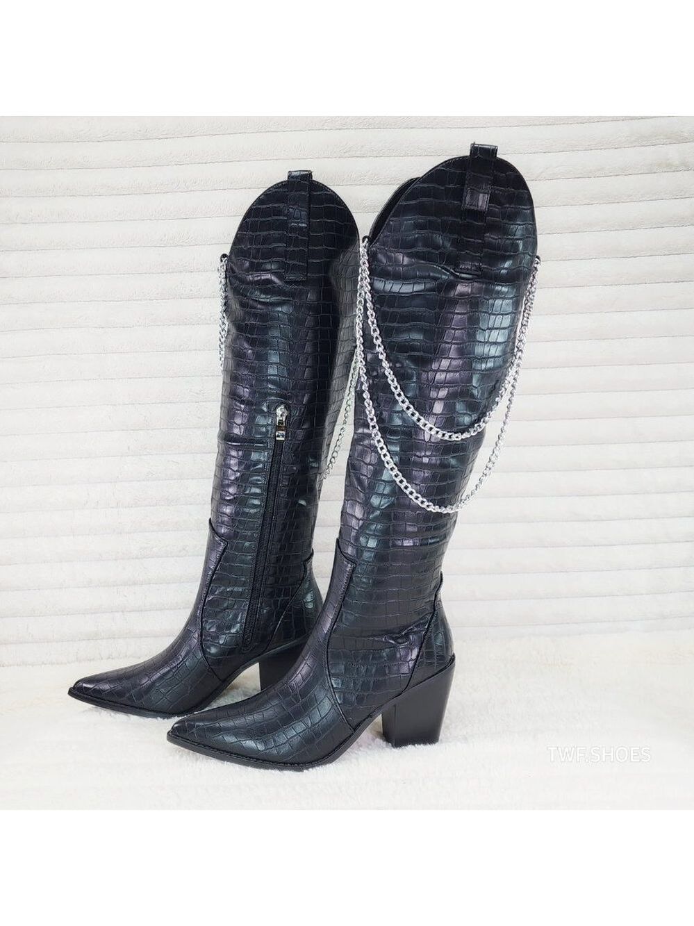 Dallas Black Croc Snake Texture Western Knee High Draped Chain Cowgirl Boots